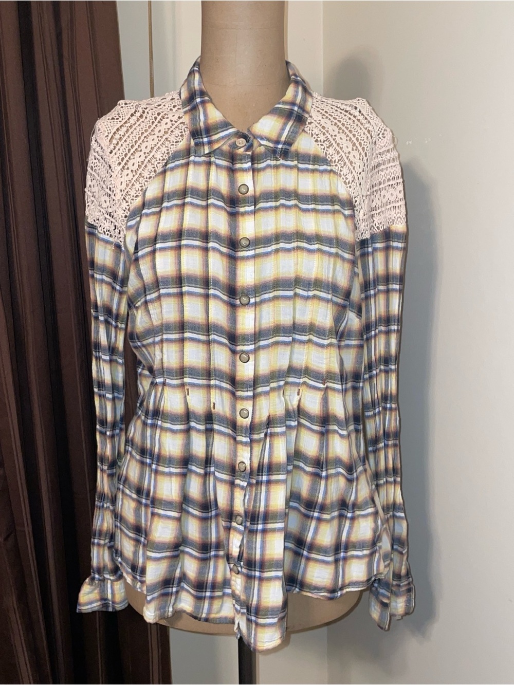 Free People Plaid Button-Up Top with Crochet Shoulders in Yellow, Blue, Cream